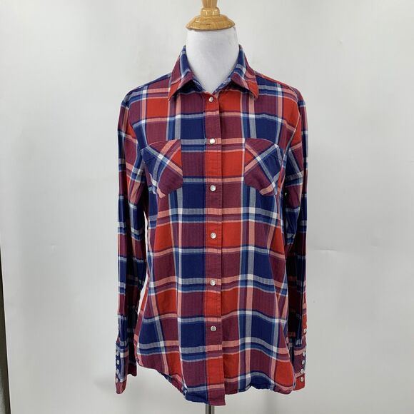 Stetson Shirt Womens M Medium Red Blue Plaid Pearl Snap Buttons Western Pockets - Picture 2 of 11